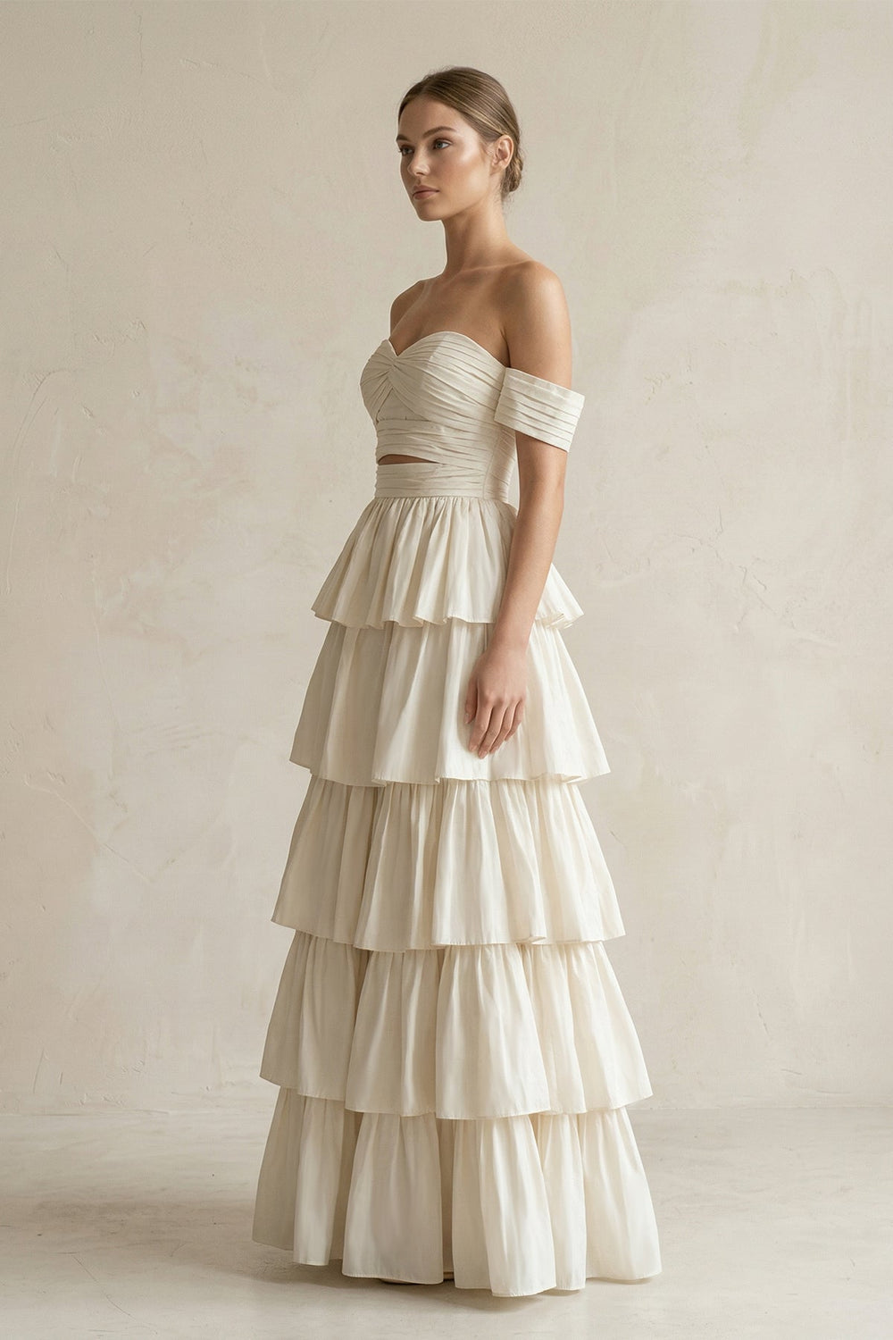 Off - the - Shoulder A - Line Tiered Chiffon Wedding Dress in Ivory - SHE IS ME Wedding Dresses