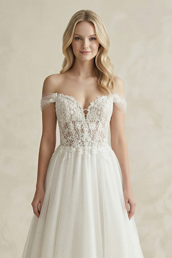 Off - the - Shoulder A - Line Tulle Appliqued Wedding Dress in White - SHE IS ME Wedding Dresses