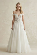 Off - the - Shoulder A - Line Tulle Appliqued Wedding Dress in White - SHE IS ME Wedding Dresses