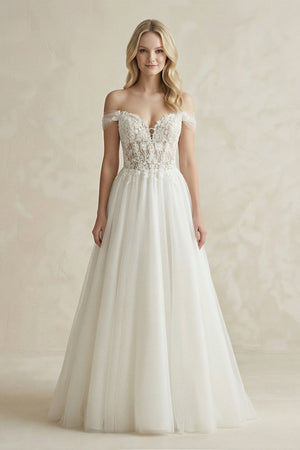 Off - the - Shoulder A - Line Tulle Appliqued Wedding Dress in White - SHE IS ME Wedding Dresses