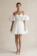 Off - the - Shoulder A - Line Tulle Mini Wedding Dress in White - SHE IS ME Wedding Dresses