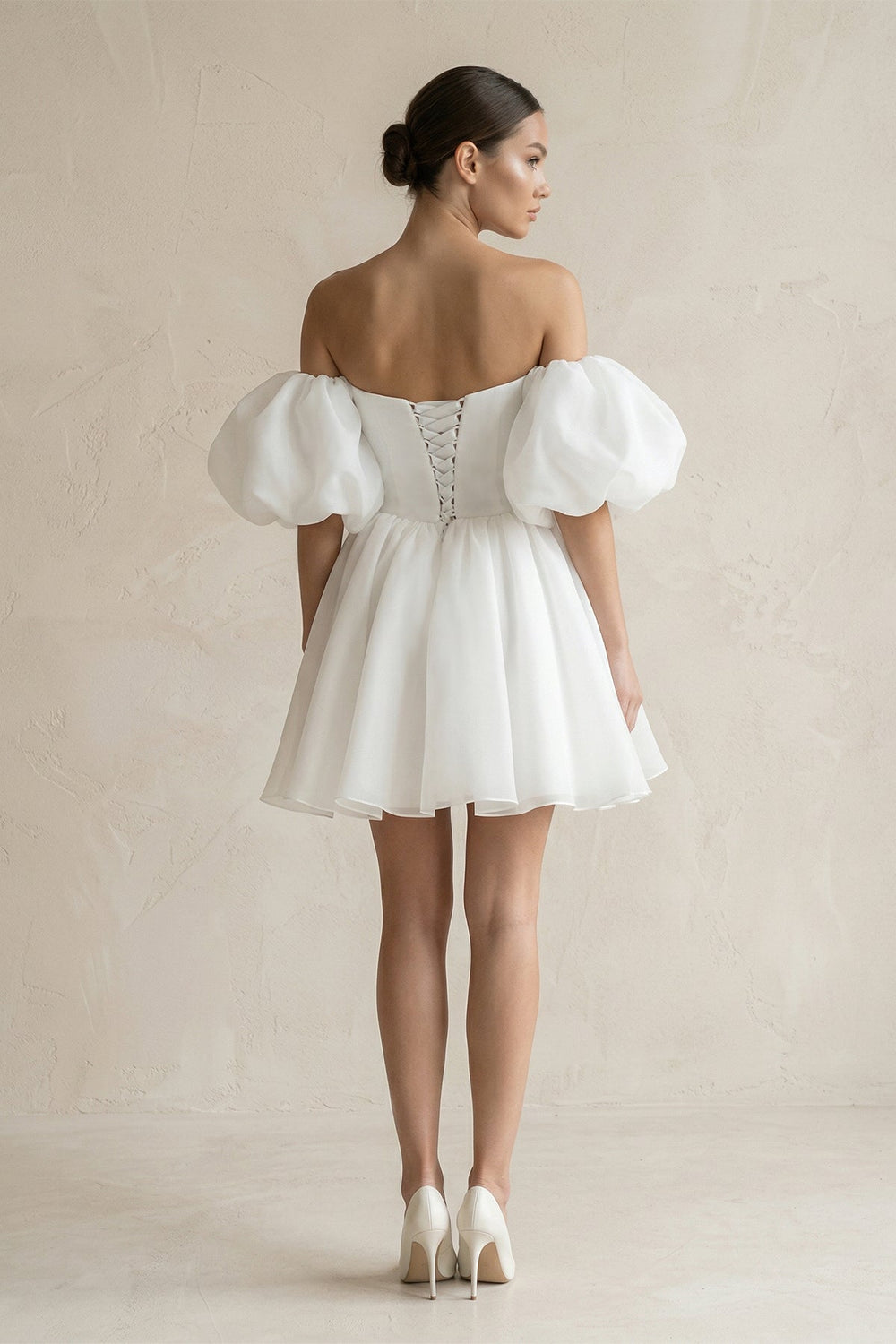 Off - the - Shoulder A - Line Tulle Mini Wedding Dress in White - SHE IS ME Wedding Dresses