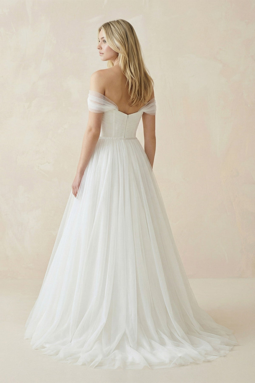 Off - the - Shoulder A - Line Tulle Pleated Wedding Dress in White - SHE IS ME Wedding Dresses