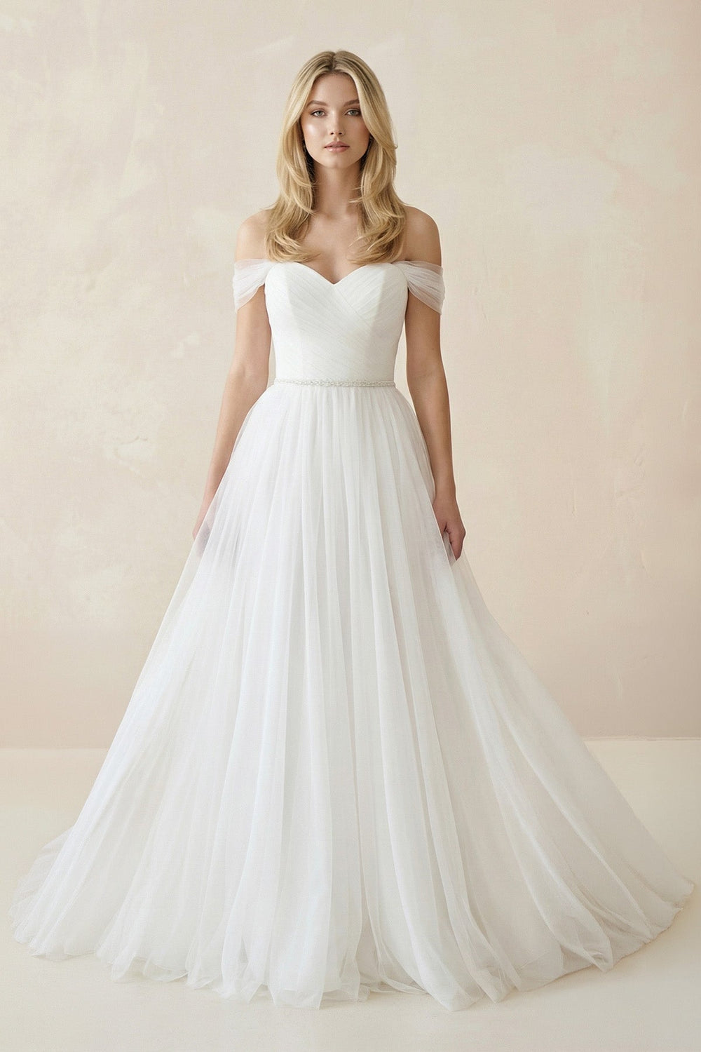 Off - the - Shoulder A - Line Tulle Pleated Wedding Dress in White - SHE IS ME Wedding Dresses