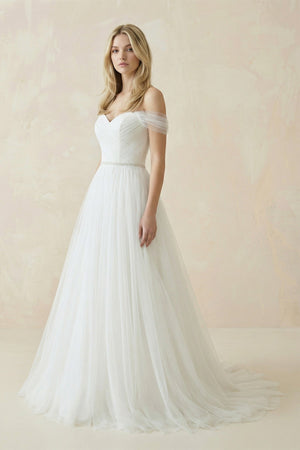 Off - the - Shoulder A - Line Tulle Pleated Wedding Dress in White - SHE IS ME Wedding Dresses
