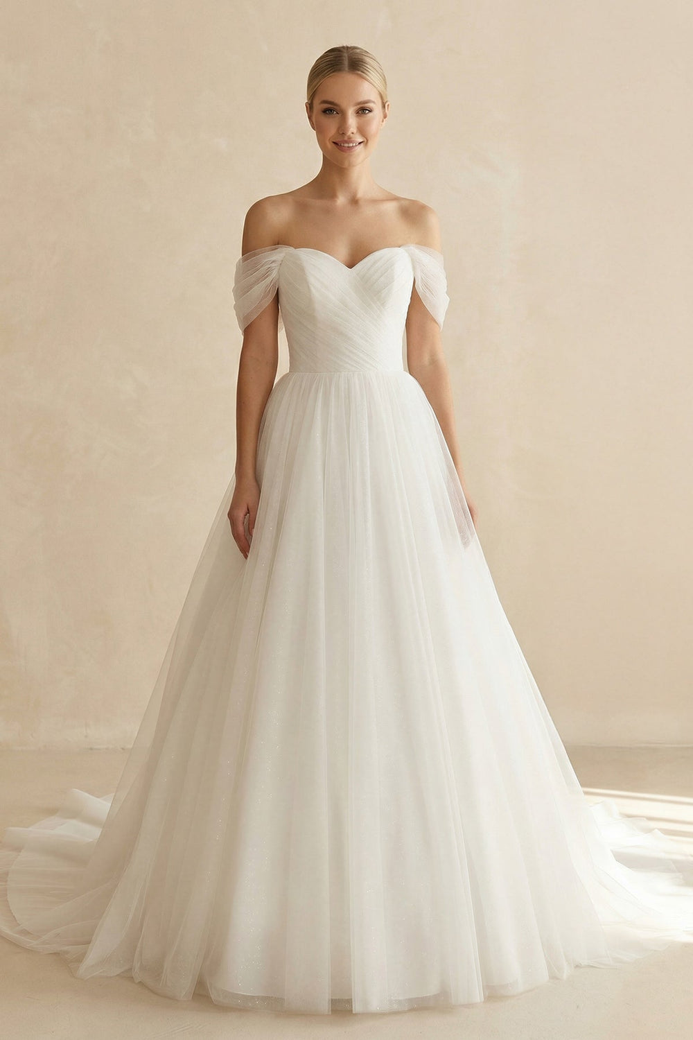 Off - the - Shoulder A - Line Tulle Wedding Dress in White - SHE IS ME Wedding Dresses