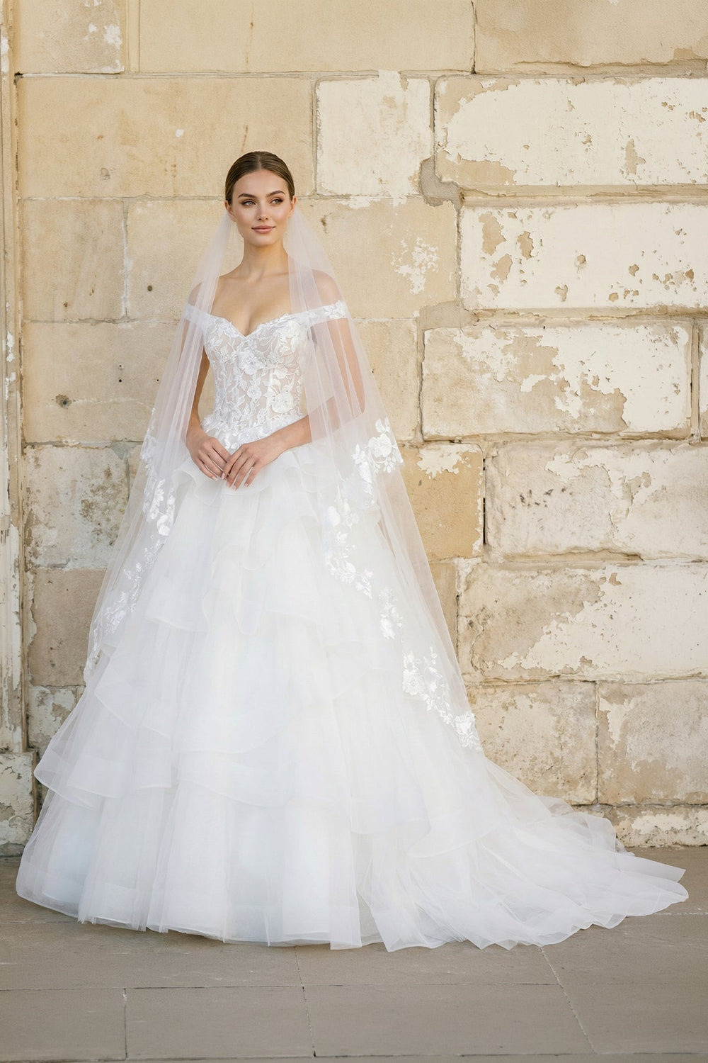 Off The Shoulder A Line Tulle Wedding Dress in White - SHE IS ME Wedding Dresses