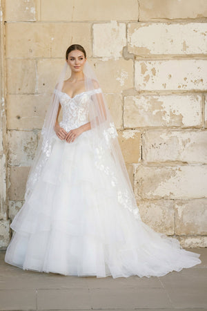 Off The Shoulder A Line Tulle Wedding Dress in White - SHE IS ME Wedding Dresses