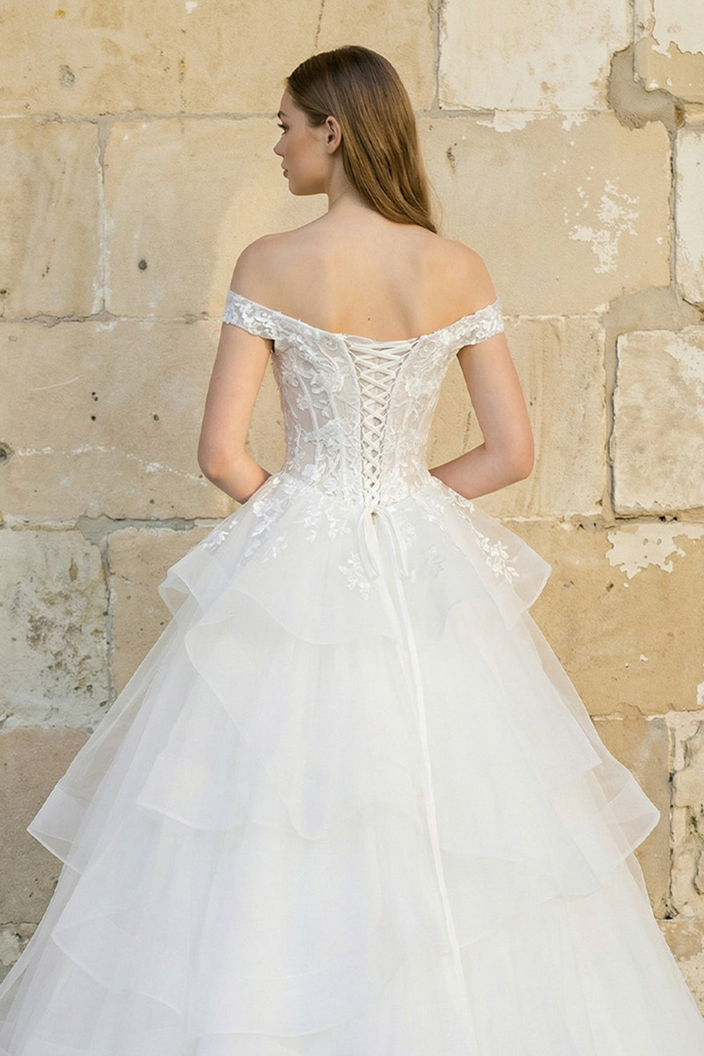 Off The Shoulder A Line Tulle Wedding Dress in White - SHE IS ME Wedding Dresses