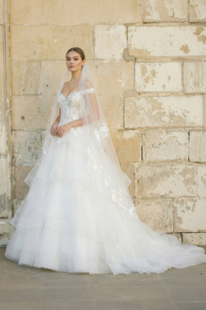 Off The Shoulder A Line Tulle Wedding Dress in White - SHE IS ME Wedding Dresses