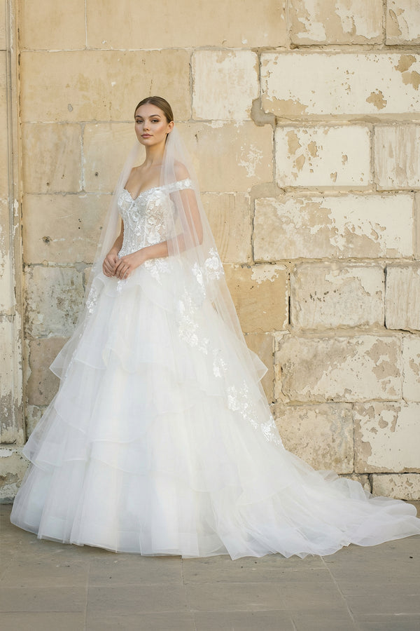 Off The Shoulder A Line Tulle Wedding Dress in White - SHE IS ME Wedding Dresses