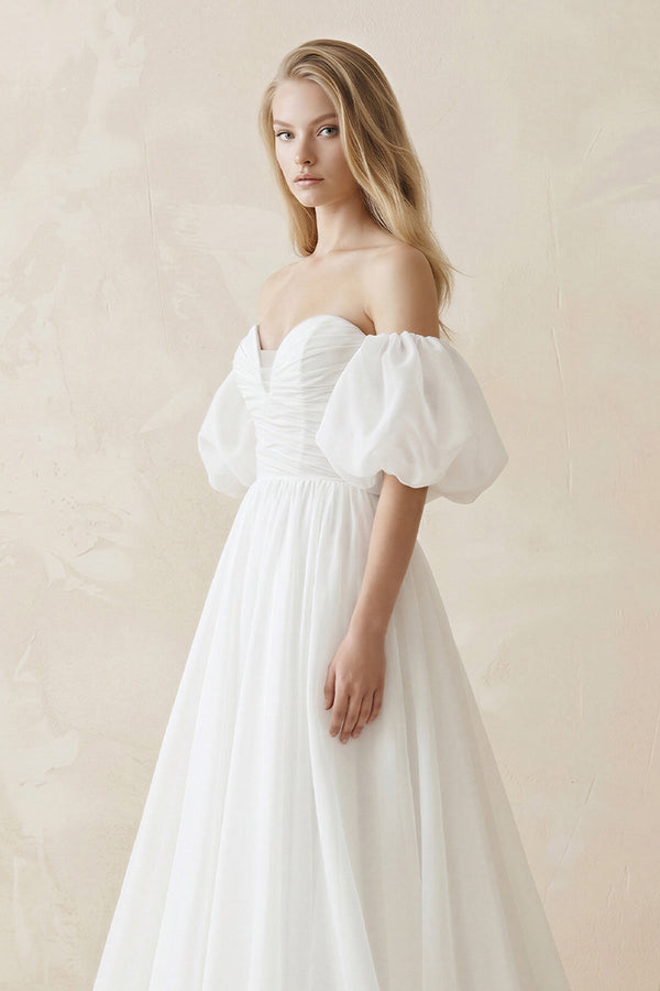Off - the - Shoulder A - Line Tulle Wedding Dress With Puff Sleeves in White - SHE IS ME Wedding Dresses