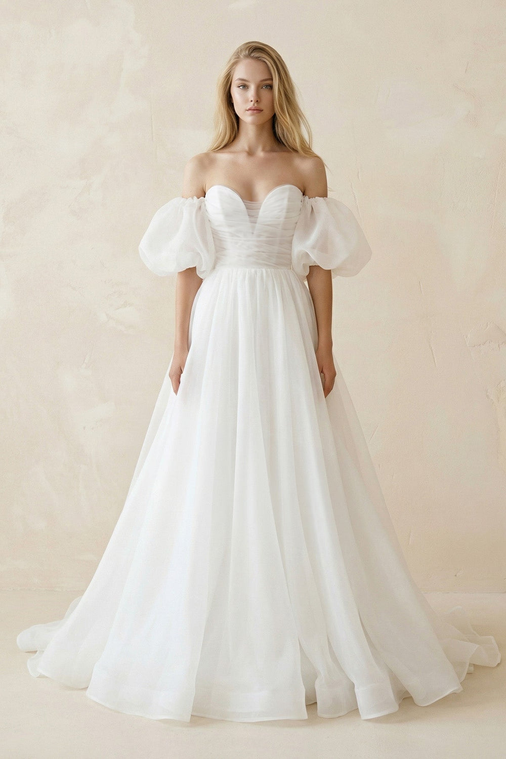Off - the - Shoulder A - Line Tulle Wedding Dress With Puff Sleeves in White - SHE IS ME Wedding Dresses