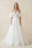 Off - the - Shoulder A - Line Tulle Wedding Dress With Puff Sleeves in White - SHE IS ME Wedding Dresses