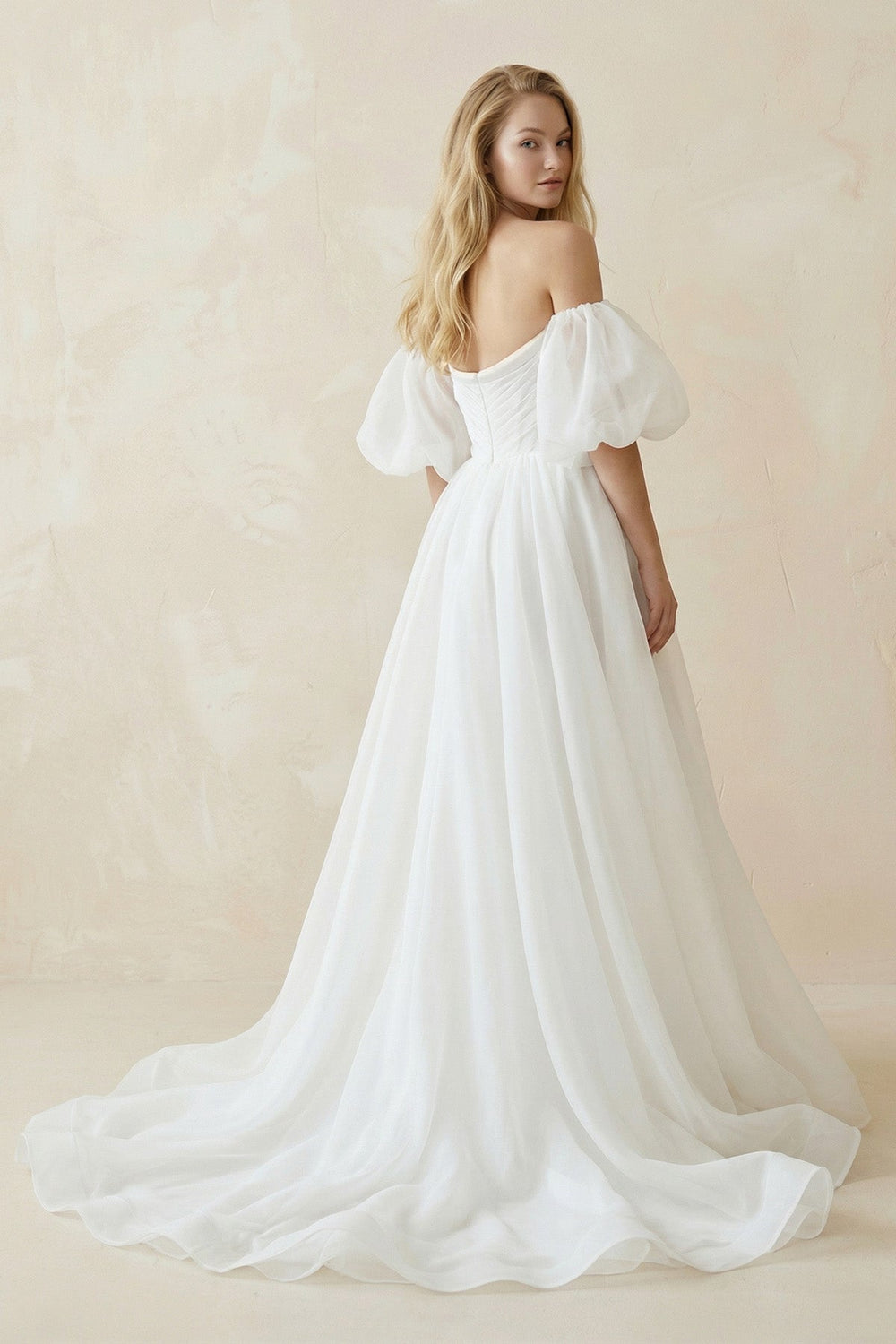 Off - the - Shoulder A - Line Tulle Wedding Dress With Puff Sleeves in White - SHE IS ME Wedding Dresses