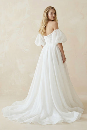 Off - the - Shoulder A - Line Tulle Wedding Dress With Puff Sleeves in White - SHE IS ME Wedding Dresses