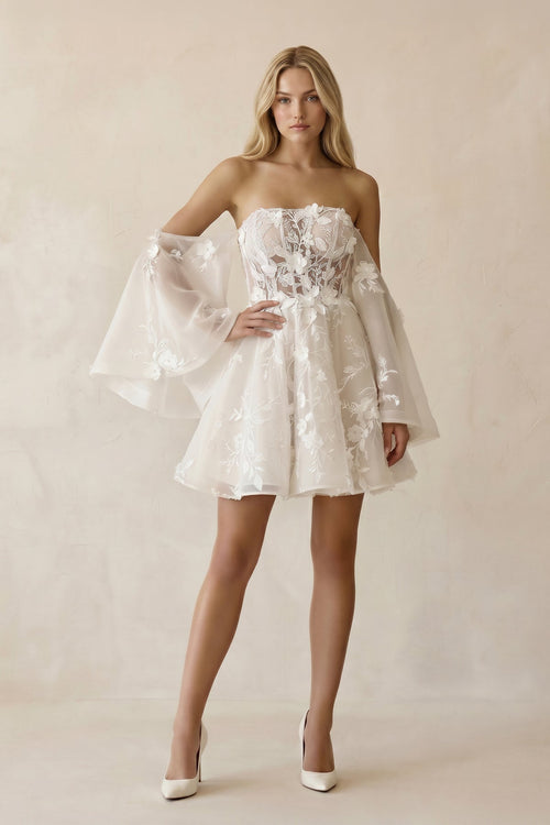 Off - the - Shoulder Appliqued Tulle A - Line Corset Wedding Dress in Ivory - SHE IS ME Wedding Dresses