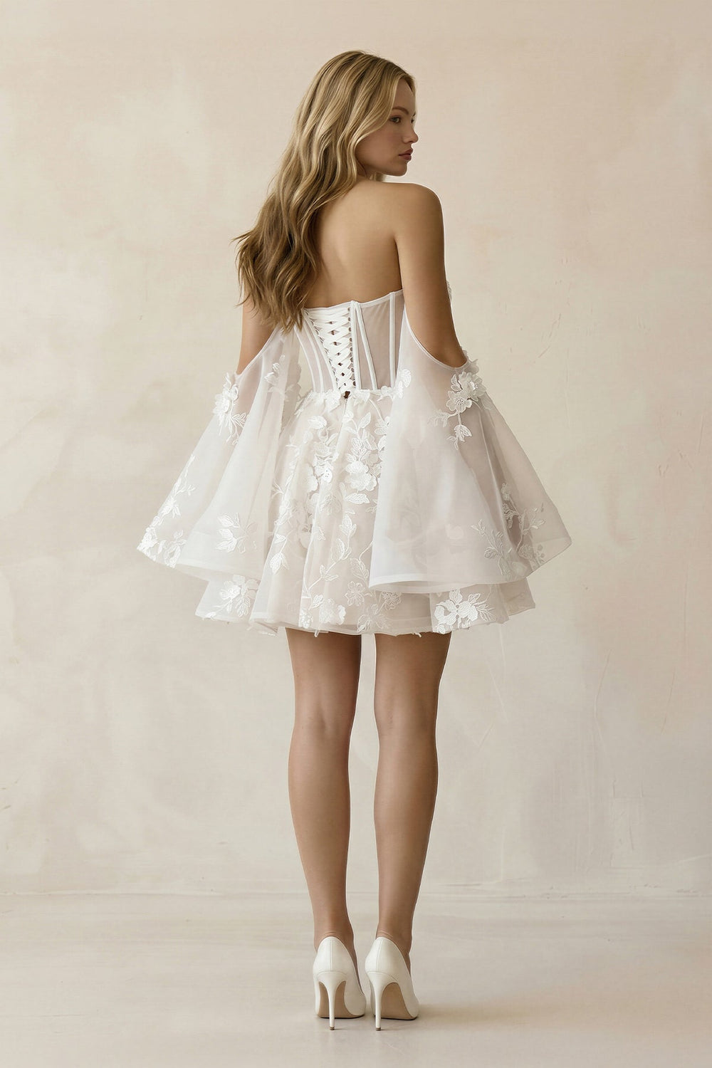 Off - the - Shoulder Appliqued Tulle A - Line Corset Wedding Dress in Ivory - SHE IS ME Wedding Dresses