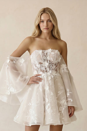 Off - the - Shoulder Appliqued Tulle A - Line Corset Wedding Dress in Ivory - SHE IS ME Wedding Dresses