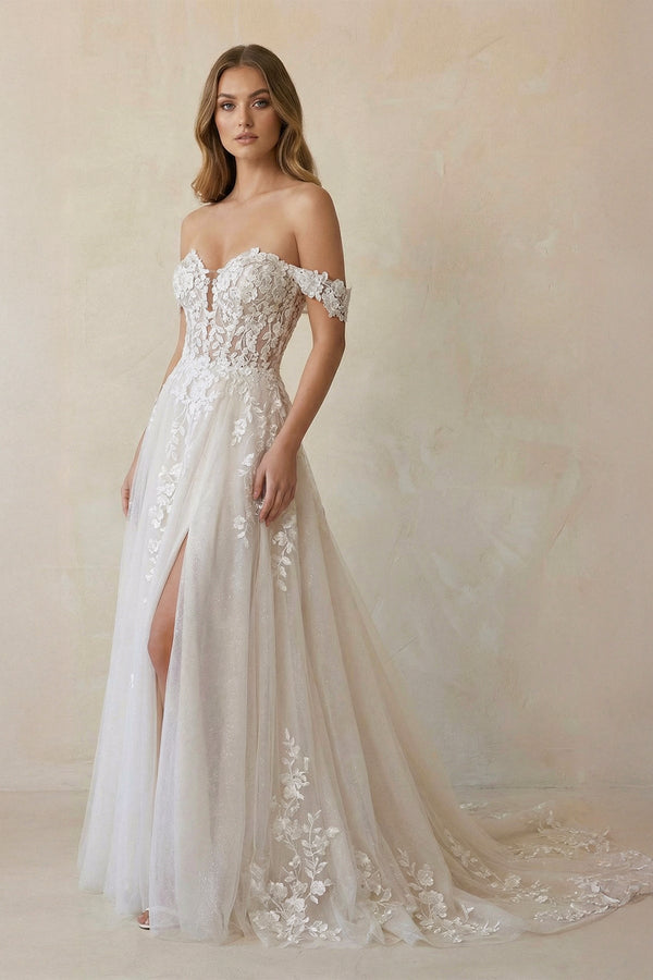 Off The Shoulder Appliqued Wedding Dress With Slit in White and Nude - SHE IS ME Wedding Dresses