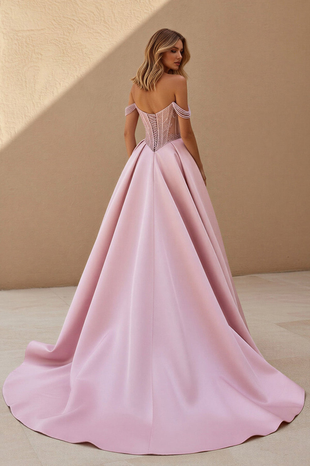 Off The Shoulder Beaded Prom Dress With Slit in Pink - SHE IS ME PROM DRESSES