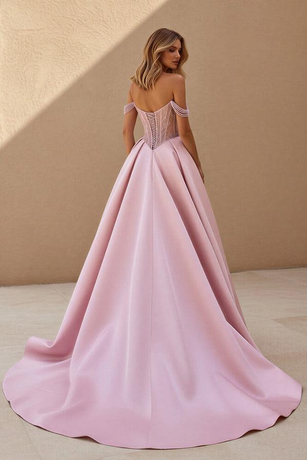 Off The Shoulder Beaded Prom Dress With Slit in Pink - SHE IS ME PROM DRESSES