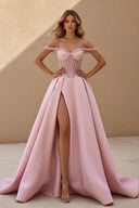 Off The Shoulder Beaded Prom Dress With Slit in Pink - SHE IS ME PROM DRESSES
