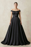 Off - the - Shoulder Boat Neck Satin A - Line Wedding Dress in Black - SHE IS ME Wedding Dresses