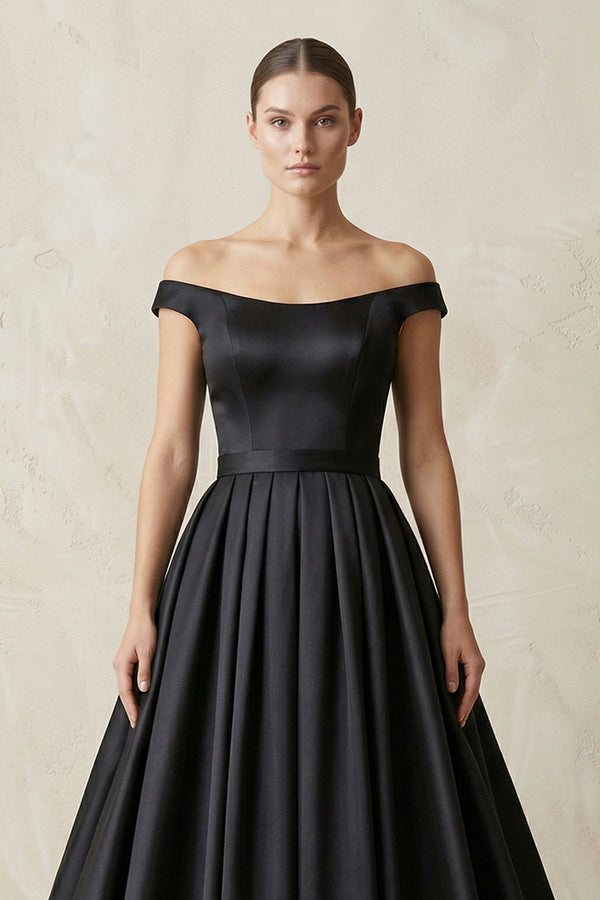 Off - the - Shoulder Boat Neck Satin A - Line Wedding Dress in Black - SHE IS ME Wedding Dresses