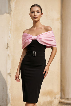 Off The Shoulder Bow Midi Dress in Black and Pink - SHE IS ME
