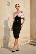 Off The Shoulder Bow Midi Dress in Black and Pink - SHE IS ME