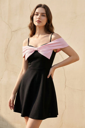 Off The Shoulder Bow Mini Dress in Black and Pink - SHE IS ME