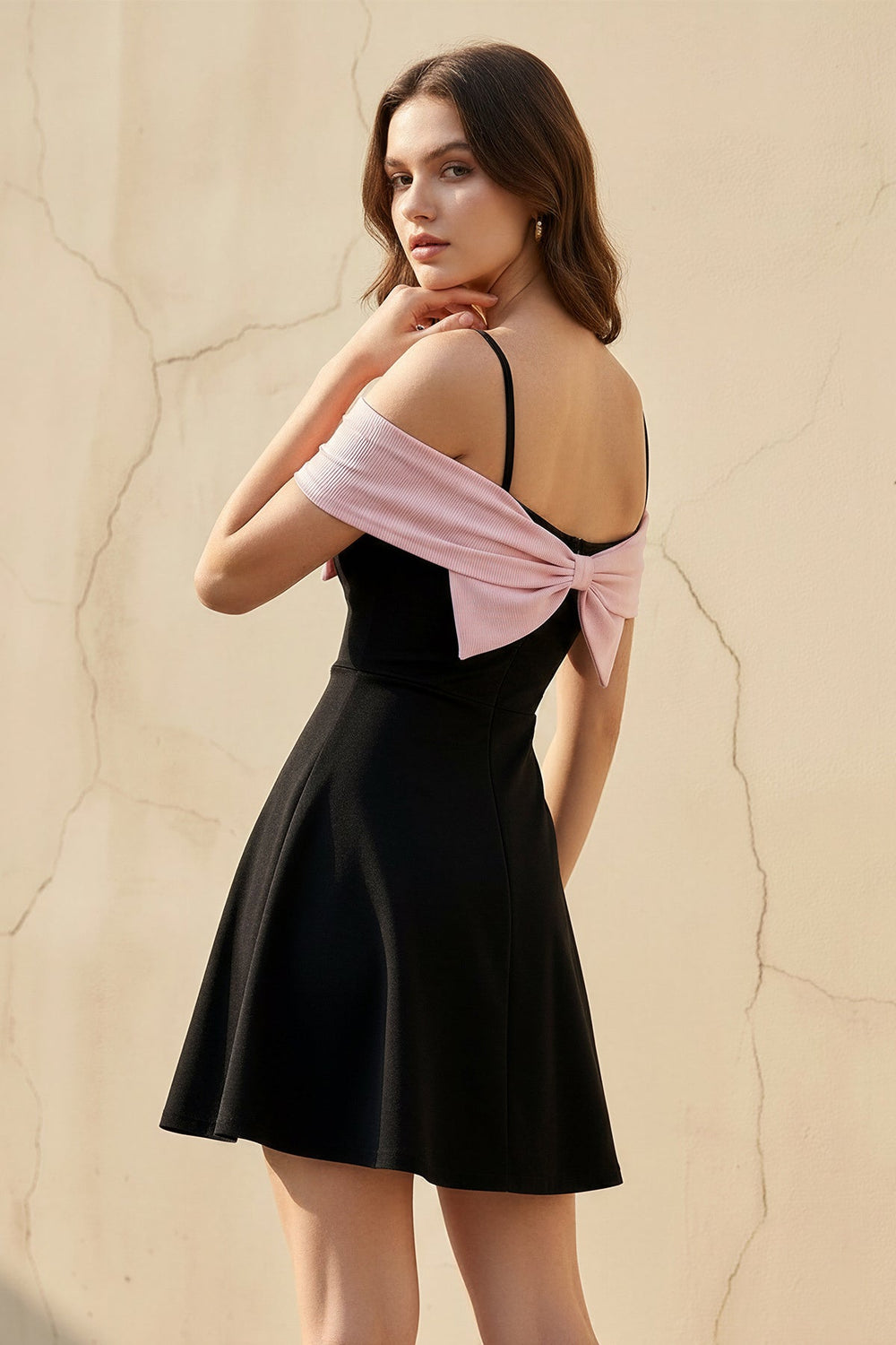 Off The Shoulder Bow Mini Dress in Black and Pink - SHE IS ME