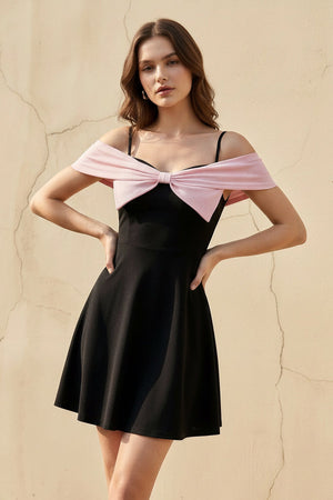 Off The Shoulder Bow Mini Dress in Black and Pink - SHE IS ME