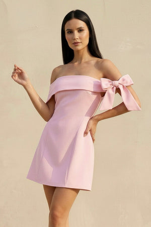 Off The Shoulder Bow Mini Dress in Pink - SHE IS ME