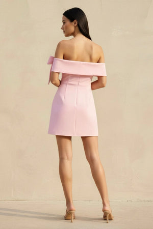 Off The Shoulder Bow Mini Dress in Pink - SHE IS ME