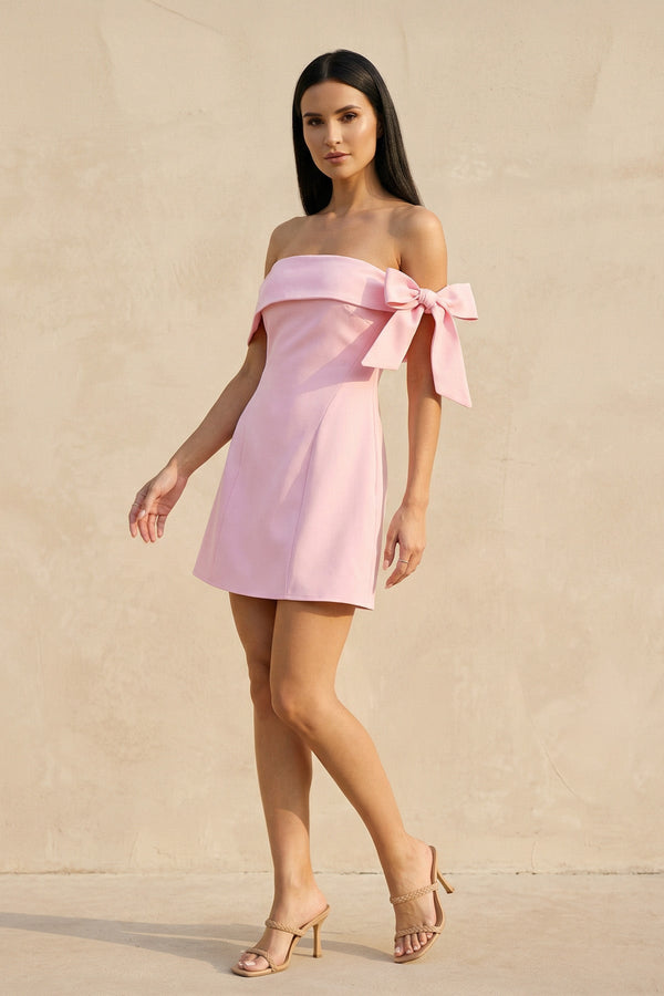 Off The Shoulder Bow Mini Dress in Pink - SHE IS ME