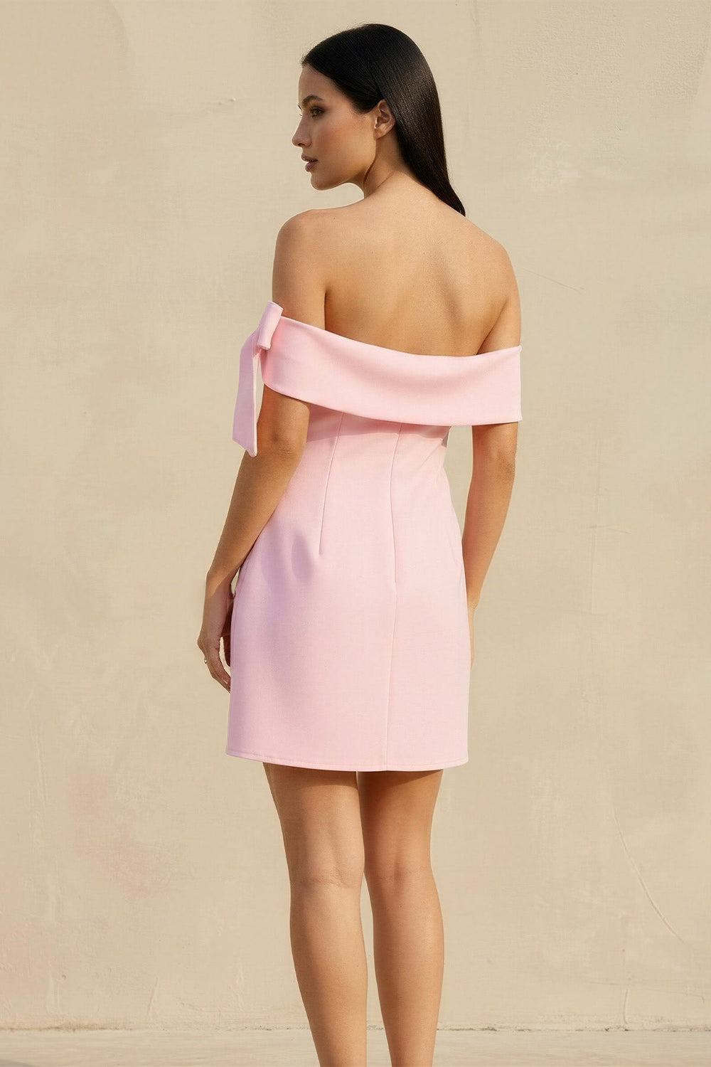 Off The Shoulder Bow Mini Dress in Pink - SHE IS ME