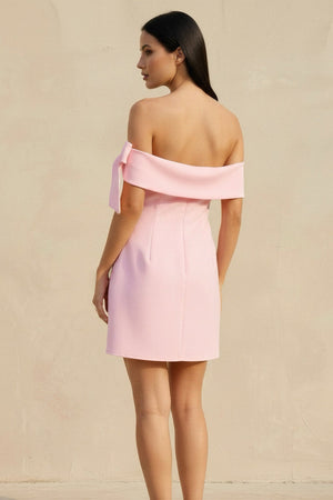 Off The Shoulder Bow Mini Dress in Pink - SHE IS ME