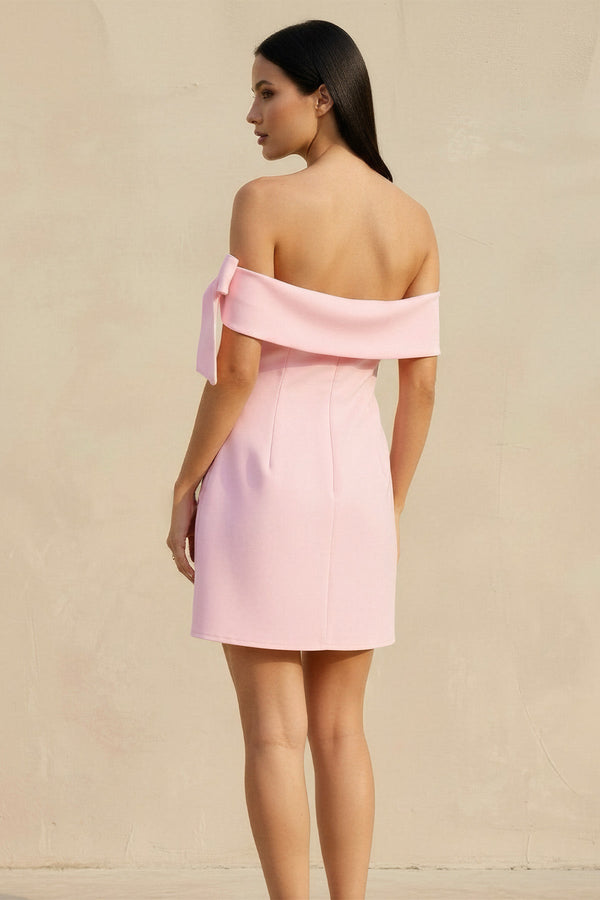 Off The Shoulder Bow Mini Dress in Pink - SHE IS ME