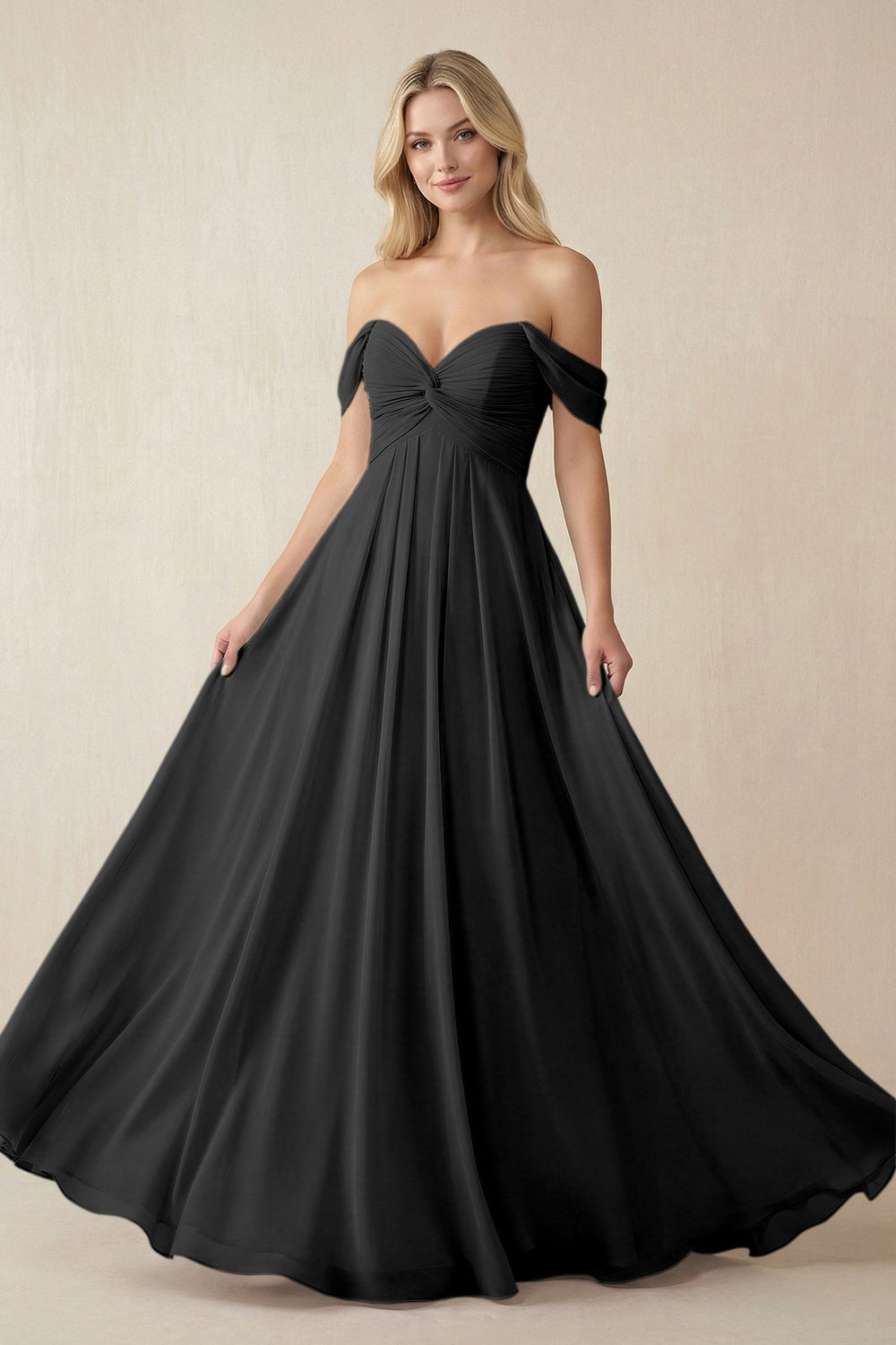 Off - the - Shoulder Chiffon A - Line Long Bridesmaid Dress in Black - SHE IS ME Bridesmaid Dresses