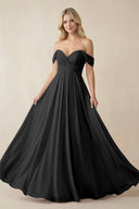 Off - the - Shoulder Chiffon A - Line Long Bridesmaid Dress in Black - SHE IS ME Bridesmaid Dresses