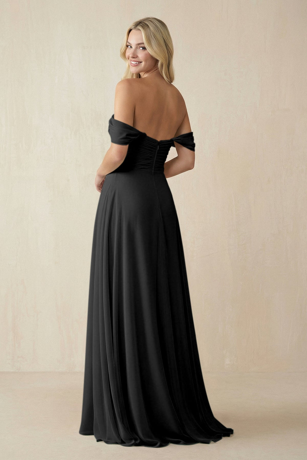 Off - the - Shoulder Chiffon A - Line Long Bridesmaid Dress in Black - SHE IS ME Bridesmaid Dresses