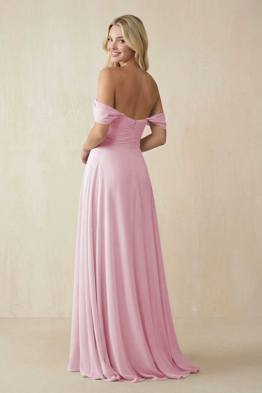 Off - the - Shoulder Chiffon A - Line Long Bridesmaid Dress in Candy Pink - SHE IS ME Bridesmaid Dresses
