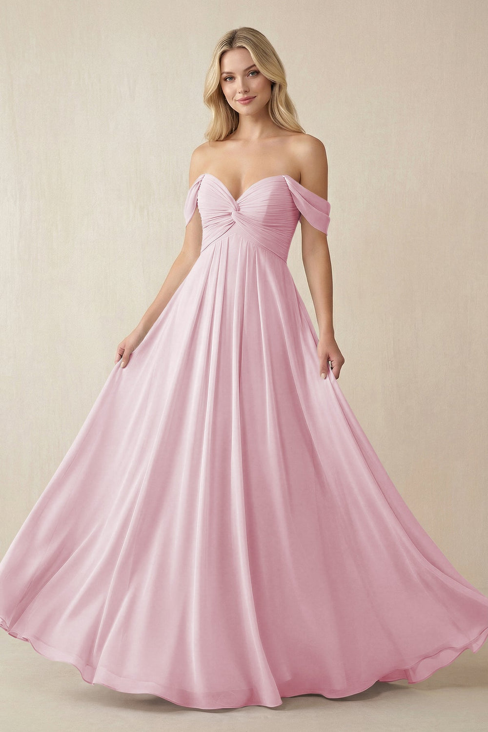 Off - the - Shoulder Chiffon A - Line Long Bridesmaid Dress in Candy Pink - SHE IS ME Bridesmaid Dresses