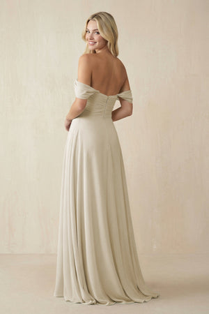 Off - the - Shoulder Chiffon A - Line Long Bridesmaid Dress in Dove Gray - SHE IS ME Bridesmaid Dresses