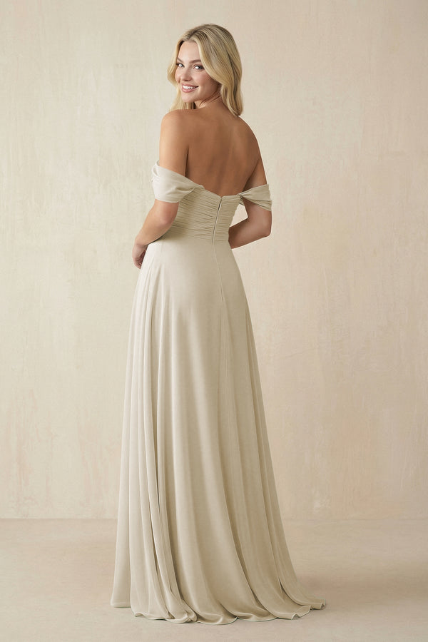 Off - the - Shoulder Chiffon A - Line Long Bridesmaid Dress in Dove Gray - SHE IS ME Bridesmaid Dresses