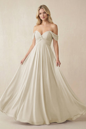 Off - the - Shoulder Chiffon A - Line Long Bridesmaid Dress in Dove Gray - SHE IS ME Bridesmaid Dresses