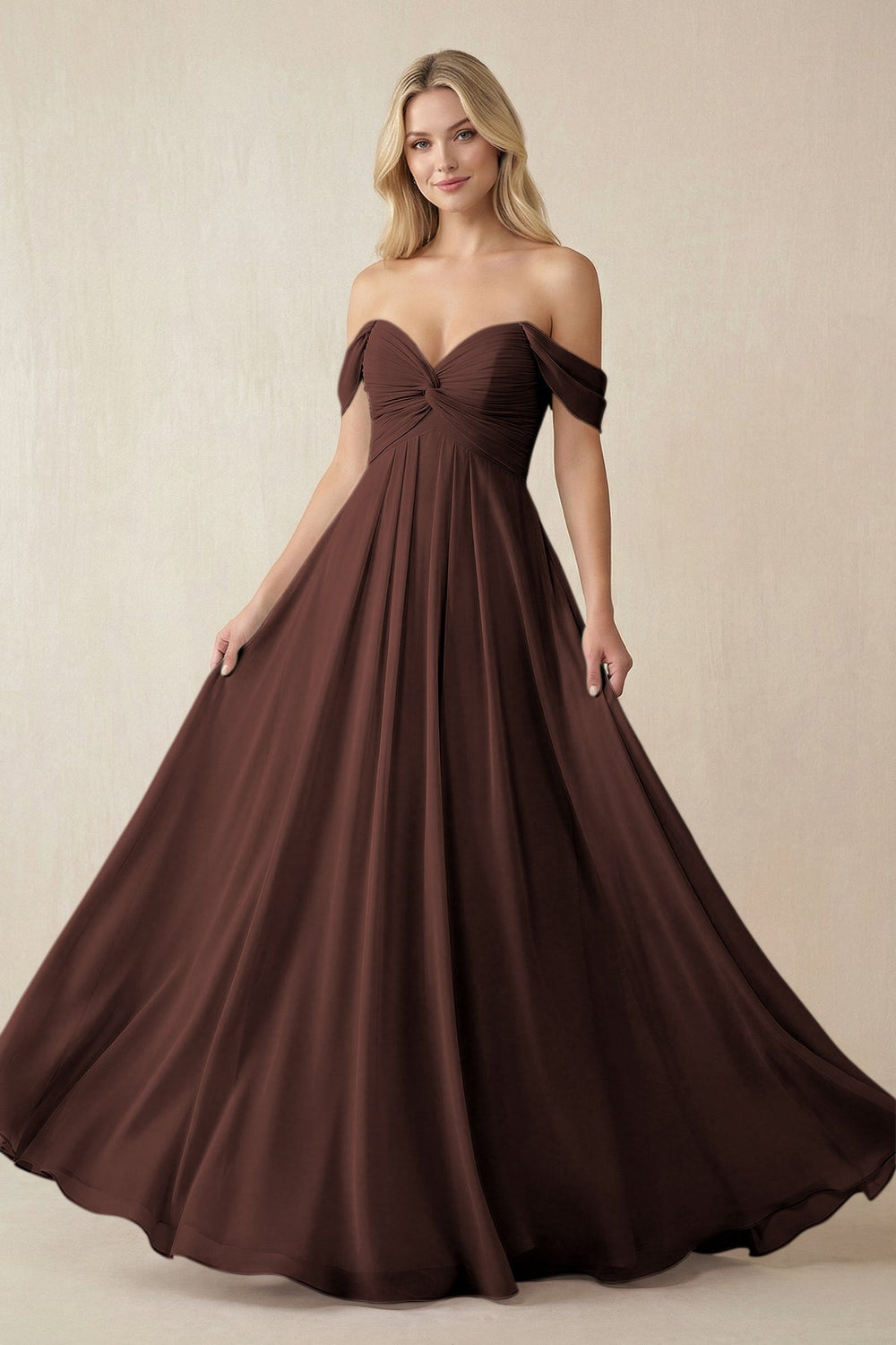 Off - the - Shoulder Chiffon A - Line Long Bridesmaid Dress in Espresso - SHE IS ME Bridesmaid Dresses