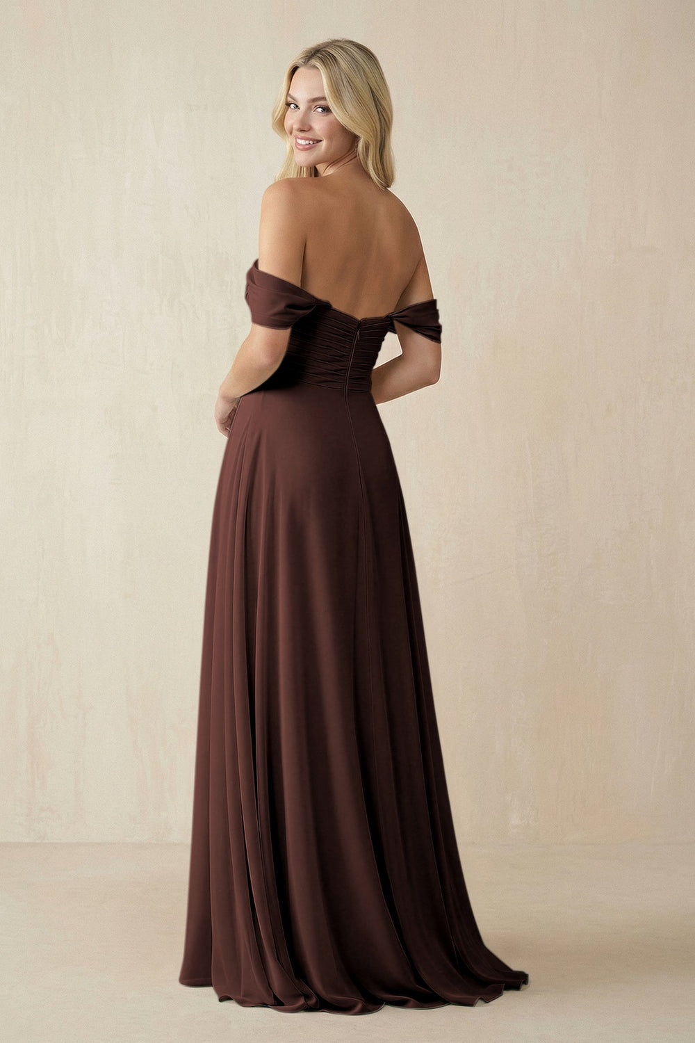 Off - the - Shoulder Chiffon A - Line Long Bridesmaid Dress in Espresso - SHE IS ME Bridesmaid Dresses